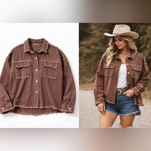 Umgee Studded Frayed Western Denim Jacket Oversized Boxy Brown M Boho Cowgirl